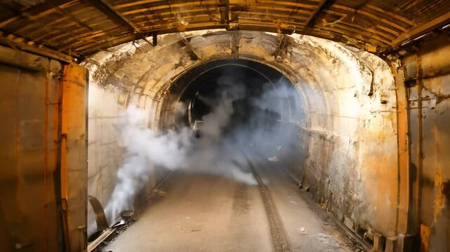 dolly video through rusty metal tunnel with steam bursts under industrial sodium vapor lighting, oppressive post-apocalypse atmosphere