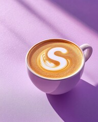 Sunlit latte art in a white cup on purple
