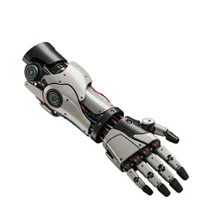 Advanced robotic arm prosthesis with intricate mechanical design against white backdrop