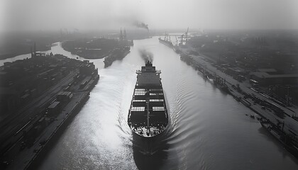 Cargo ship navigating a misty harbor