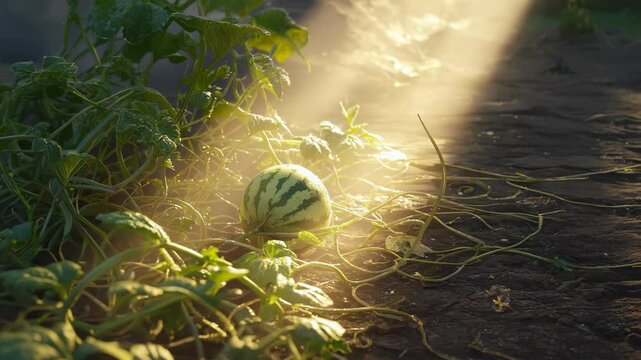 Small watermelon growing in a sunlit garden, surrounded by green vines and soil, illuminated by warm sunlight rays, representing natural farming, organic growth, and fresh summer fruit cultivation.