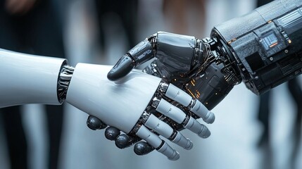 A cyber business world with professionals engaging in AI-assisted negotiations