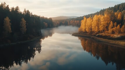 Obraz premium Aerial View of a Tranquil Forest Lake Reflecting Golden Autumn Foliage in a Serene Landscape