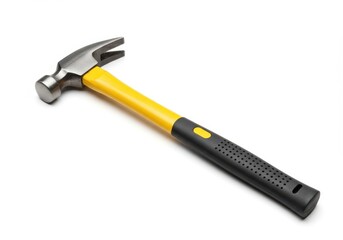 A claw hammer with a yellow and black handle lies on a white surface