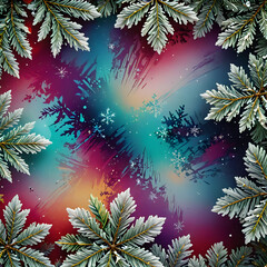 christmas background with fir branches and snowflakes