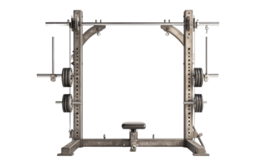 Professional gym squat rack with adjustable barbell and bench.