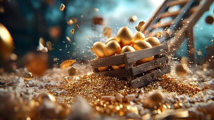 An abstract depicting a market rollercoaster where golden eggs remain stable while regular fluctuate symbolizing the stability and resilience of dividend paying investments amidst market volatility