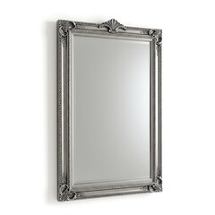 Elegant Silver Ornate Framed Mirror on White Wall for Interior Decor