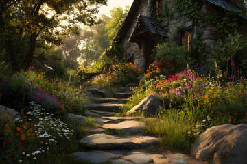Rustic cottage nestled within a vibrant garden at dawn.