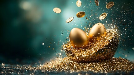Investor Successfully Catching Golden Eggs Raining from the Sky Symbolizing Steady Passive Income and Wealth Growth from Dividends and Other Investment Yields