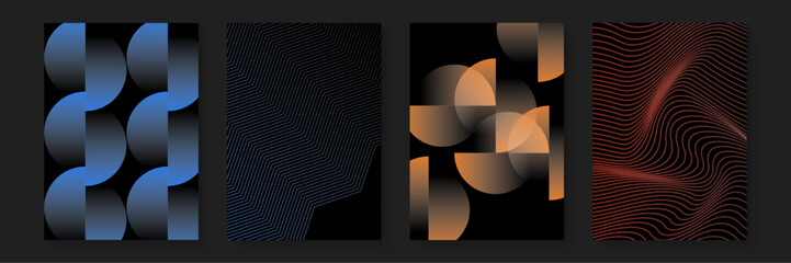 Four abstract colorful digital designs on black background. Suitable for digital backgrounds, social media graphics, and artistic projects.