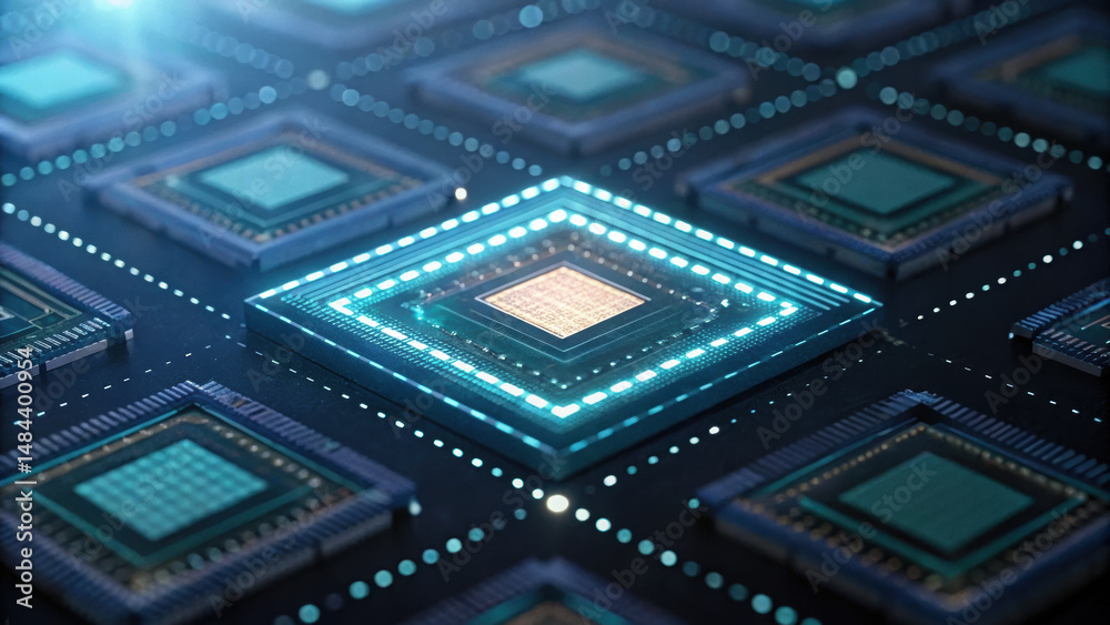 Poster close up of microprocessor chip with glowing circuit lines, representing advanced technology