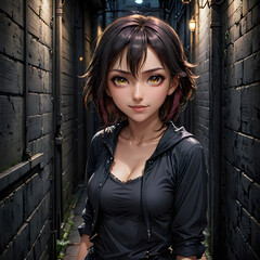 a person standing in a narrow, dimly lit alleyway. The individual is wearing a black outfit and has short, 