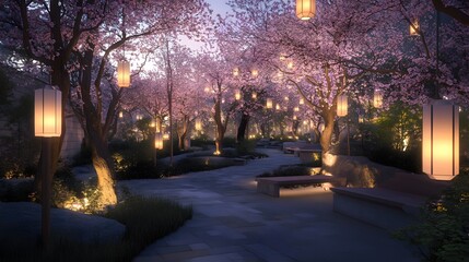 Cyberpunk Night Street with Sakura Blossoms and Neon Lanterns
