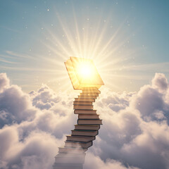 Glowing book at the top of staircase made of books