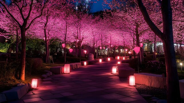 Cyberpunk Night Street with Sakura Blossoms and Neon Lanterns

