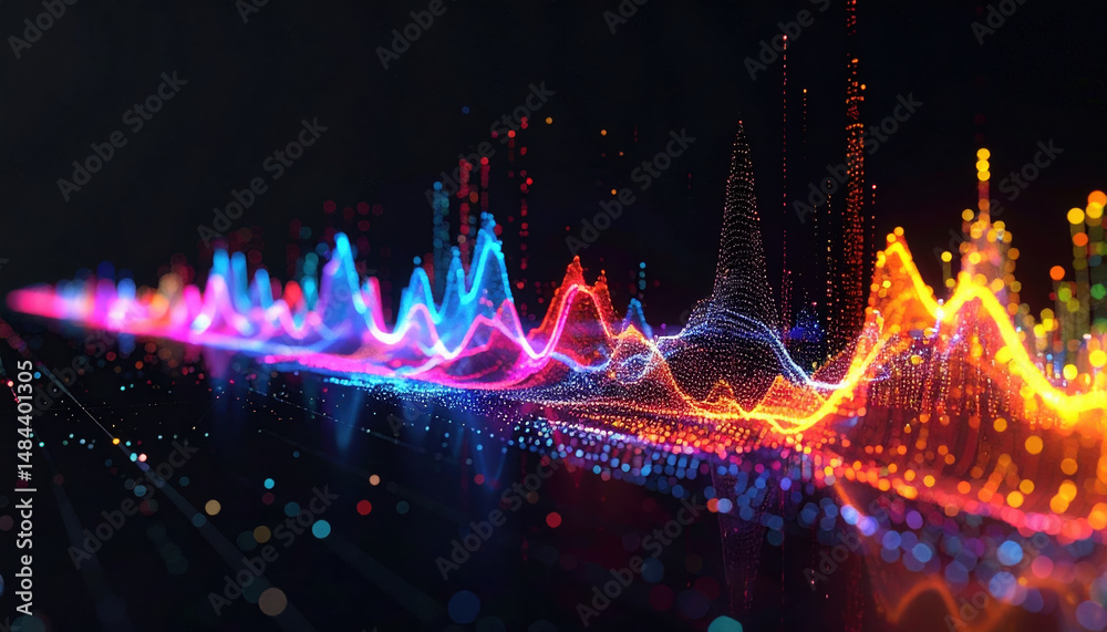 Poster Digital visualization of colorful waveforms representing data or sound analysis with glowing
