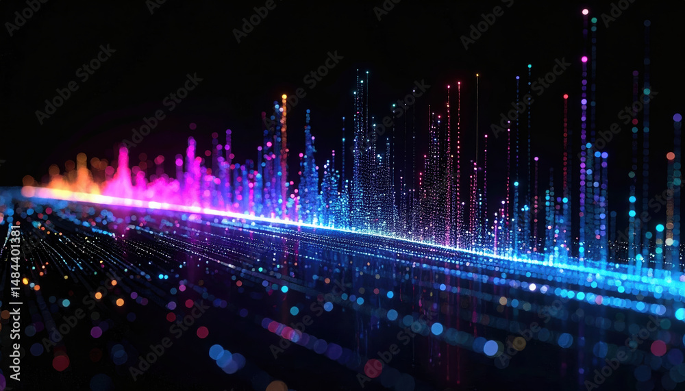 Poster digital data visualization with colorful holographic lines and points representing information