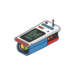 Isometric futuristic device with screen and antenna on a white background
