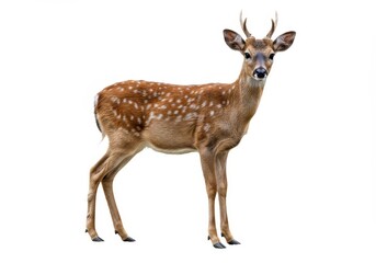 Fototapeta premium A sika deer stands alert with its spotted coat on a white background looking forward