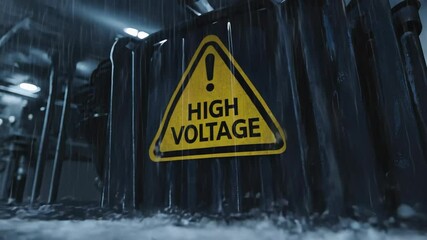 High voltage warning sign on electrical equipment during heavy rainfall, emphasizing danger, electricity risk, the importance of safety precautions in wet industrial environments, rain dropped storm.
