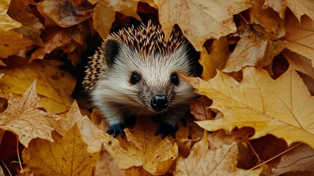 A hedgehog nestled amongst autumn leaves