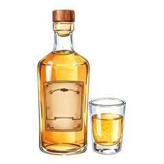 Bottle of Tequila and glass, watercolor clipart illustration with isolated white background. Transparent background. 