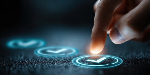 Precision and Approval: A finger decisively presses a glowing check mark, embodying approval and quality assurance, illuminated in a modern and sleek style.
