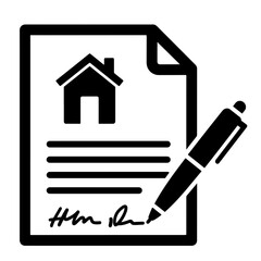Flat Black Vector Silhouette of a Document with Home Icon and Pen Signing, Representing Real Estate Agreement, Property Contract, Mortgage Approval, and Housing Deal on White Background