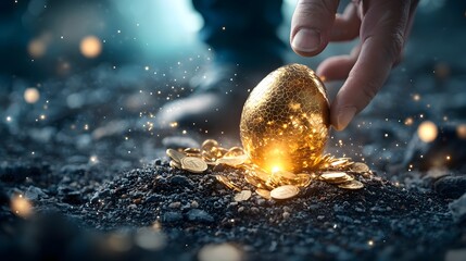 Investor traversing a dynamic technologically advanced market landscape where glowing golden eggs serve as financial stepping stones symbolizing long term wealth building and economic growth