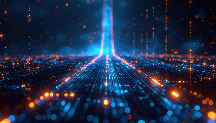 Obraz premium Futuristic digital landscape with glowing blue and orange lights forming pathway into distance