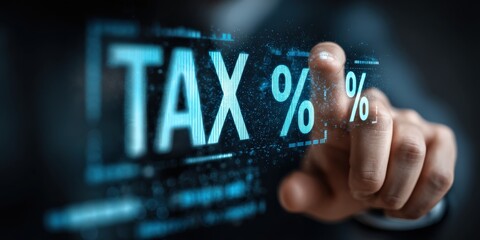 Tax percent conceptual Illustration: The image features a finger touching a digital display showing "TAX %" which visually captures the complex concept of taxation and fiscal policy in a digital age.