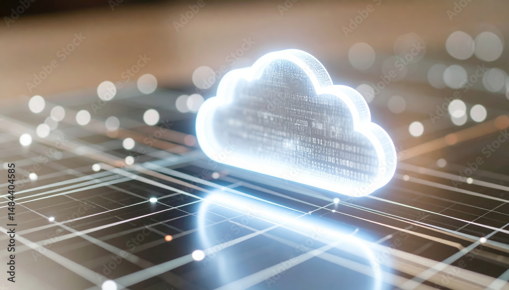 Poster digital cloud icon representing cloud computing technology with glowing effects and data lines