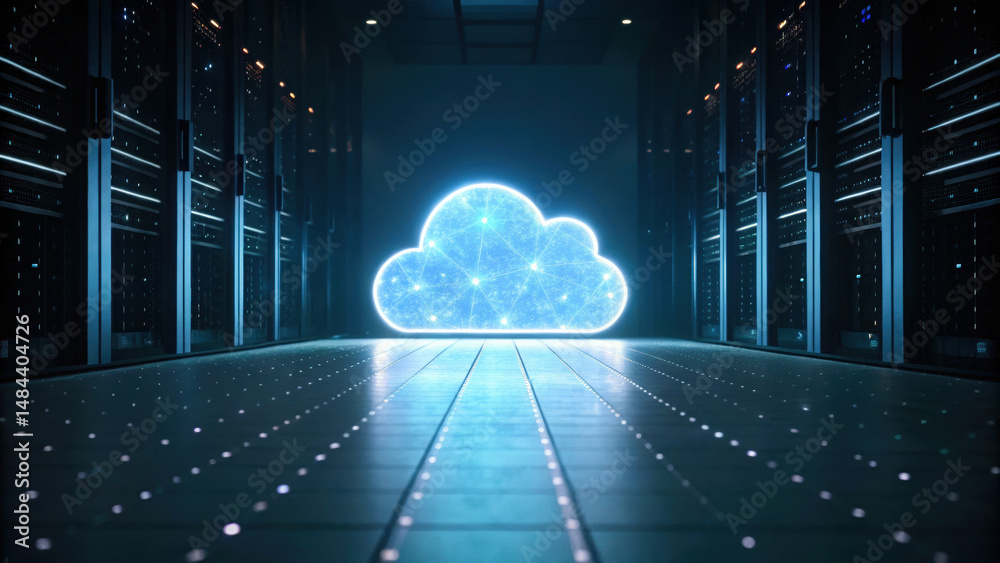 Poster glowing digital cloud symbolizing cloud computing data center with server racks and futuristic