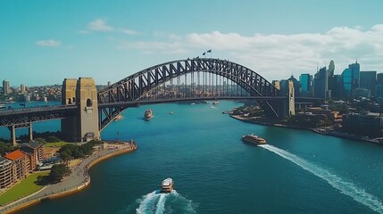 Naklejka premium Sydney Harbour Bridge: A Serene Aerial View, Vivid Cityscape