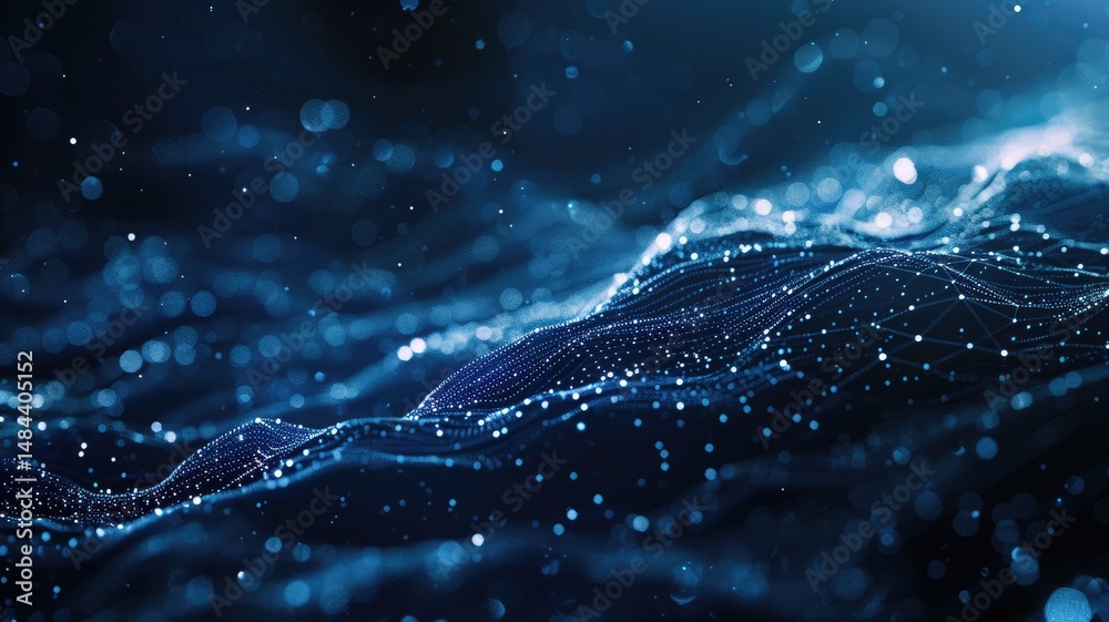 Poster abstract picture micro light sparkling particle represent data flow vivid flowing wave with high tec
