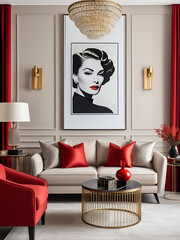 Glamorous living room interior design with modern beige sofa, red armchair and elegant personal accessories. Template. .
