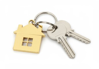 Two keys with a house shaped keychain on a white background represent new home ownership