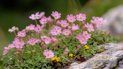 Fototapeta premium Alpine Saxifrage With Small Pink Flowers Blooming On A Rocky Surface In Natural Environment