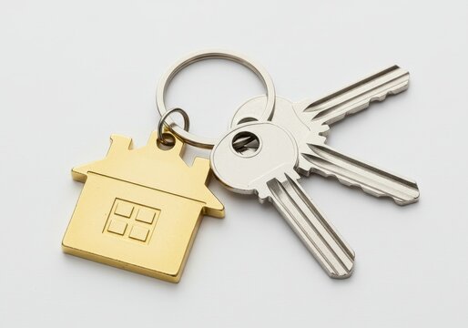 Keys with a house shaped keychain representing home ownership and real estate on a white background