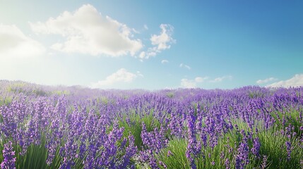 Naklejka premium Serene lavender field stretches under sunny sky with vibrant purple blossoms swaying softly for peaceful nature beauty and warm summer tranquility concept.