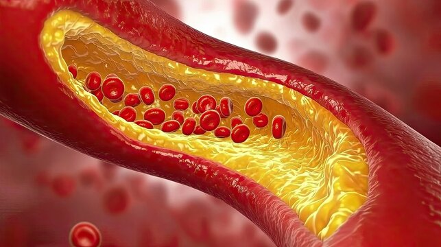 Atherosclerosis Narrowed Artery with Plaque Buildup and Blood Cells Microscopic view of artery blockage