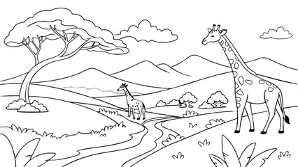 Fototapeta premium Cute cartoon meadow with mountains, giraffes and rivers. Coloring pages for kids