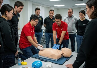 Medical personnel demonstrate cpr techniques on a mannequin during a first aid training session