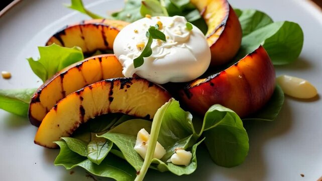 Grilled peaches with burrata cheese on fresh spinach salad