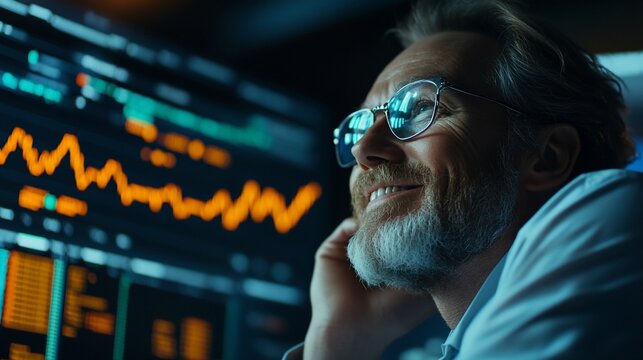 Smiling Financial Analyst Reviewing Market Data on Multiple Screens