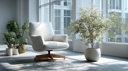 Minimalist office corner with ergonomic chair and plant, conveying modern simplicity and calm productivity.