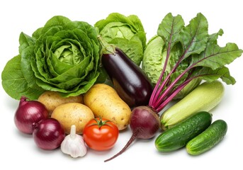 Assortment of fresh vegetables including cabbage, lettuce, potato, onion, tomato and other raw ingredients