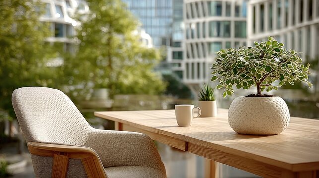 Minimalist office corner with ergonomic chair and plant, conveying modern simplicity and calm productivity.