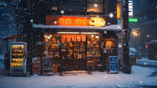 Cyberpunk Tokyo Streets in Winter Snowfall
